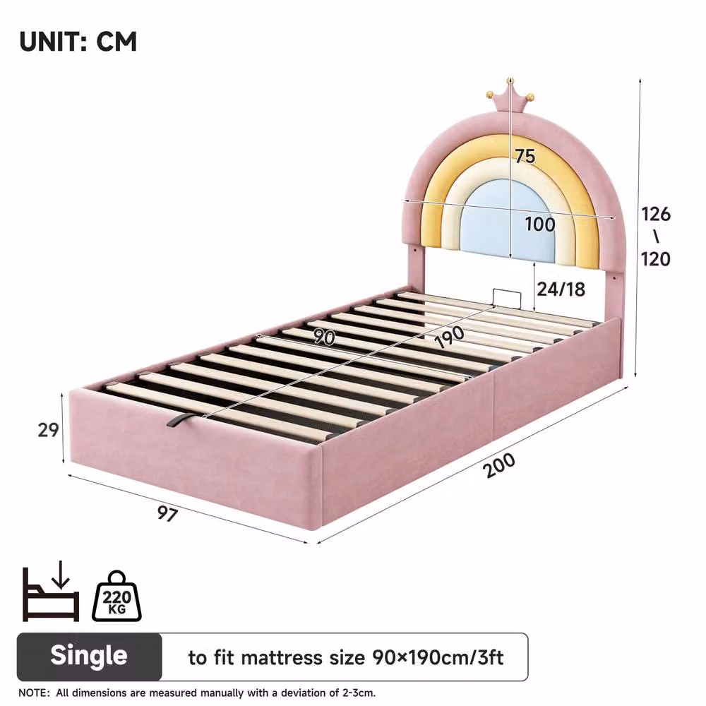 Matteo Single Velvet Upholstered Bed Frame with Hydraulic Lift-Up Storage, Pink, W/D/H: 90 x 200 cm – 2