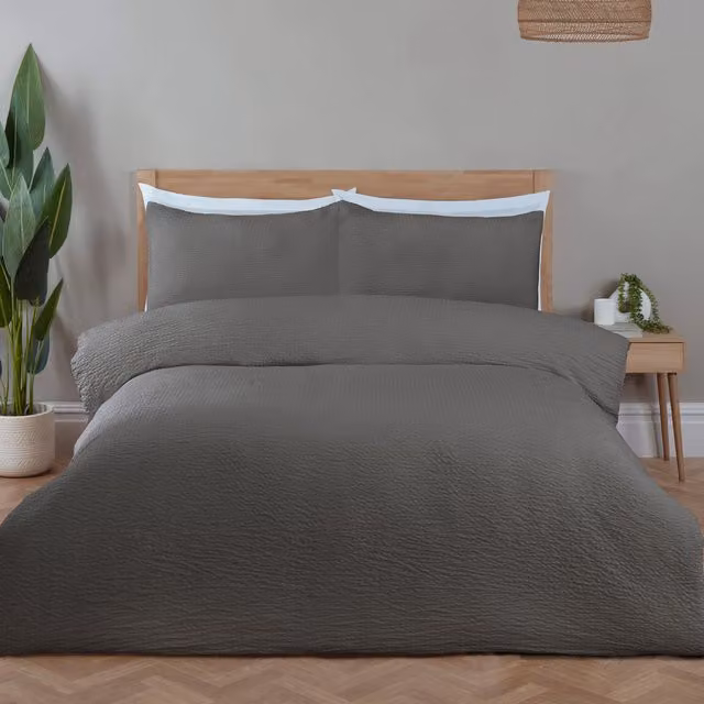 Divante Seersucker Washable Duvet Set in Anthracite Grey, 200 x 200 cm