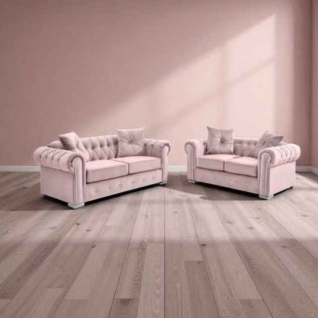 SNUG FURNITURE BIRMINGHAM LTD Roma Pink Velvet Chesterfield 3+2 Sofa Set with Scatter Cushions
