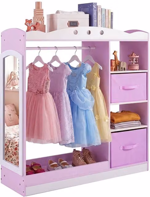 CASART Kids Dress Up Storage Wooden Wardrobe Closet with Full Length Mirror and Integrated Drawers, Pink