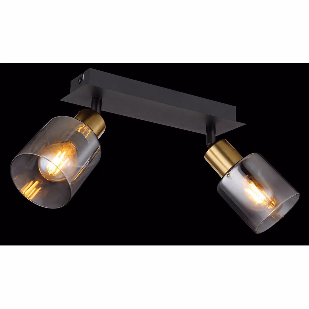 Netlighting Hollsy Twin Ceiling Spotlight in Matt Black and Gold with Smoke Glass Shades, 2x E14 – 2