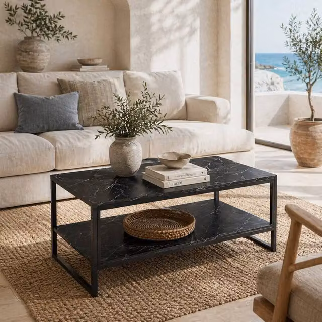 Wyld Haus Minaba 2 Tier Black Marble Effect Coffee Table with Bottom Shelf