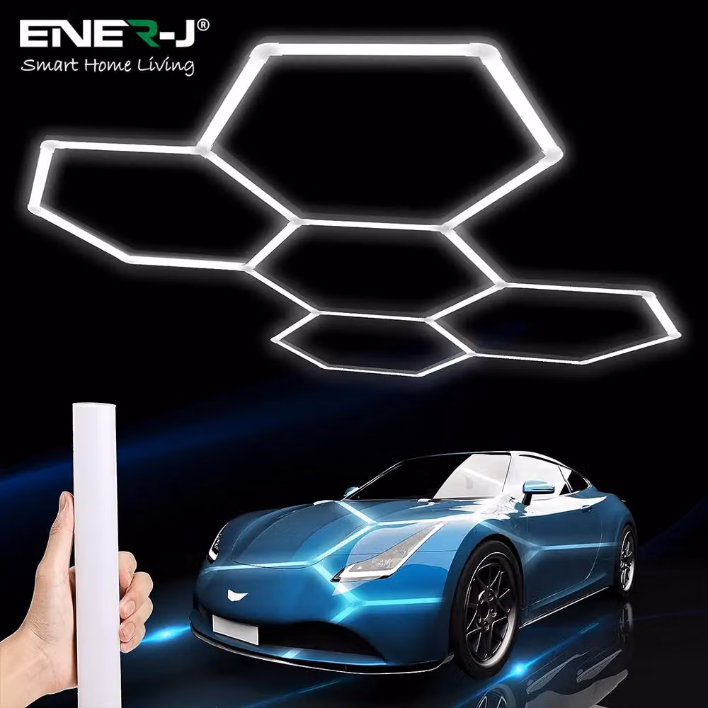 ENER-J 160W Modular Hexagon LED Ceiling Light Kit for Garage and Showrooms, 6500K Cool White, Diameter: 25 cm, Height: 19 cm – 4