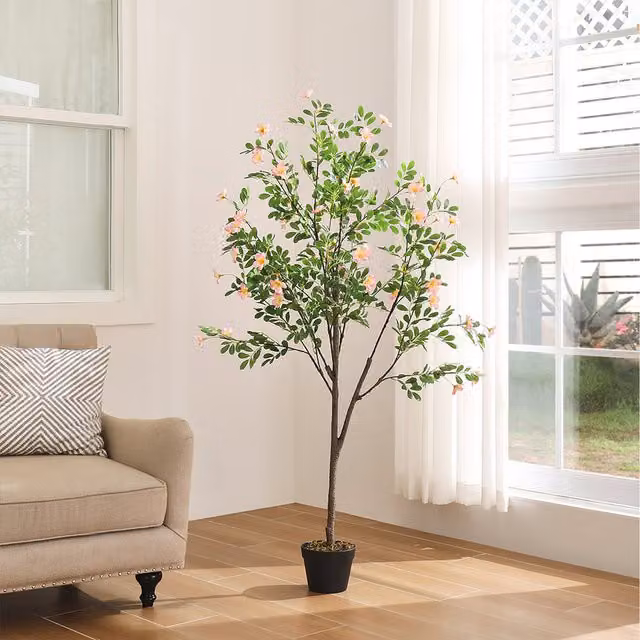 Komore Komore Artificial Frangipani Blossom Freestanding Floral Tree in Pink and Green
