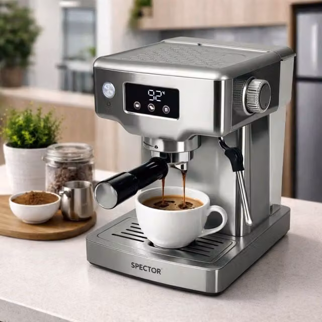 Spector 20 Bar Metal Espresso Coffee Machine with Milk Frother and Steam Wand in Silver