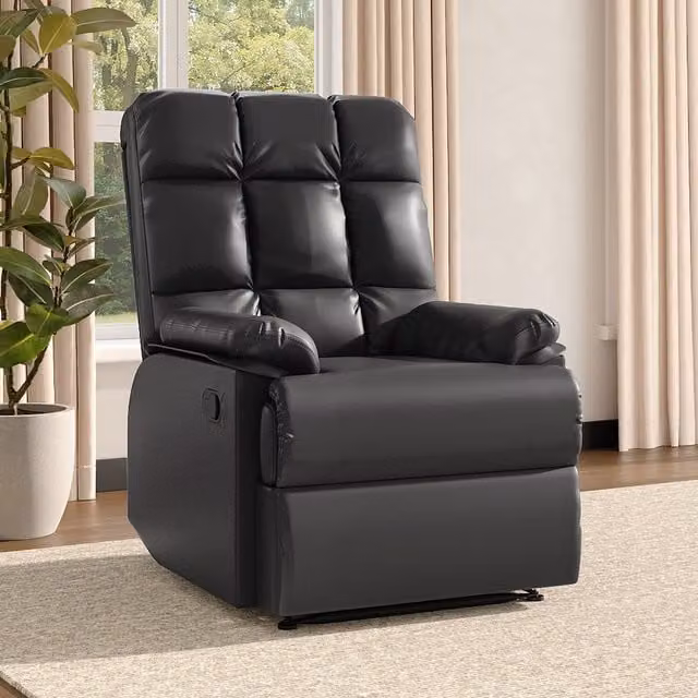 Livingandhome Black Faux Leather Upholstered Manual Recliner Chair with Armrests