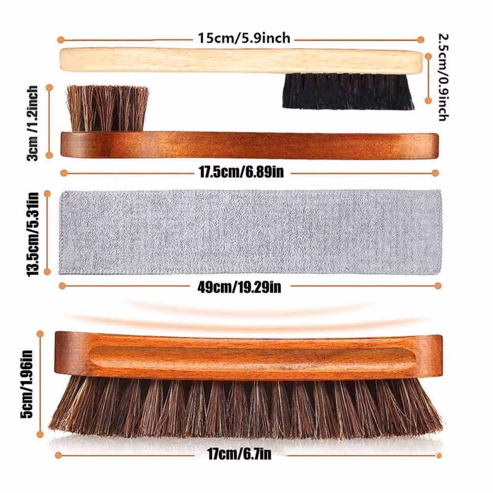 VOGREX 3-Piece Horsehair Shoe Brush and Microfibre Cloth Set in Brown – 2