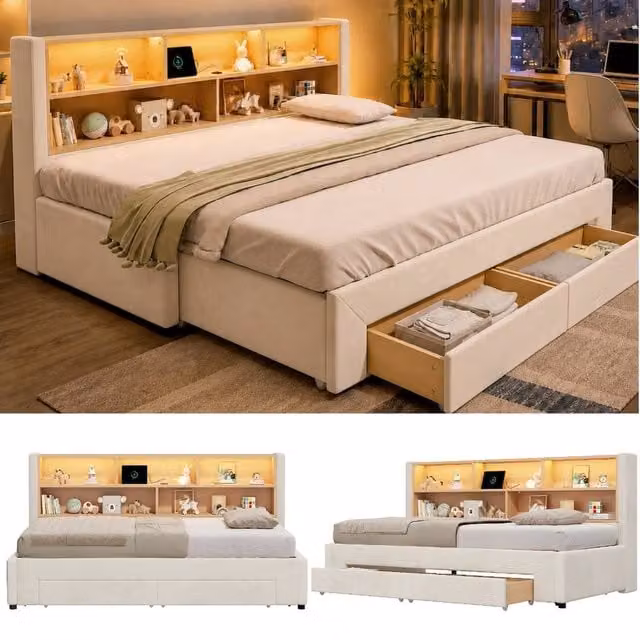 Rolipo Beige Velvet Extendable Single Sofa Bed with LED Lighting, USB Charging Port and Storage Drawers, W/D/H: 90 x 190 x 180 cm
