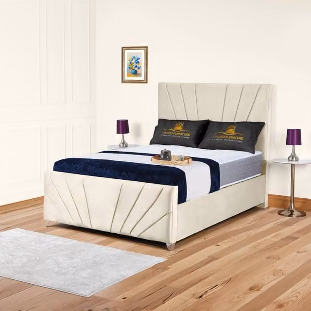 UK Bed Furniture Sunrise Upholstered Velvet Slatted Base Bed in Beige, W/D/H: 140 x 200 cm