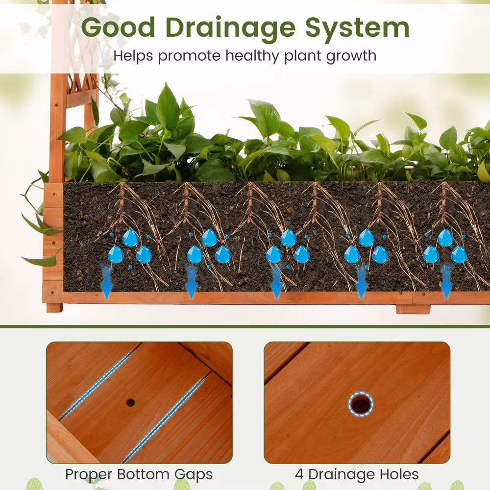 Costway Wooden Raised Garden Bed Planter Box with Trellis in Brown, W/D/H: 182.0 x 174.0 x 41.0 cm – 6