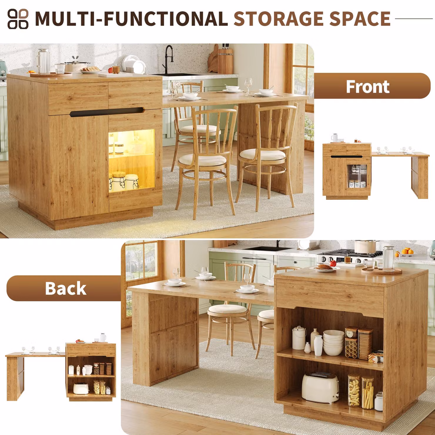 Aosom UK Versatile Wood Kitchen Island with Extendable Table and 2 Drawers in Brown, W: 122-195 cm, D: 70 cm, H: 93.5 cm – 5