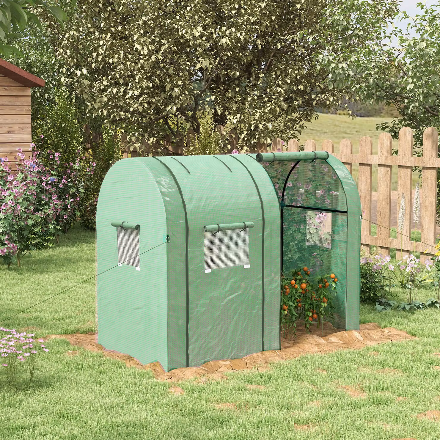 Outsunny Green Tomato Greenhouse with 2 Roll-up Doors and 4 Mesh Windows, Green, W/D/H: 185 x 94 x 150 cm – 2