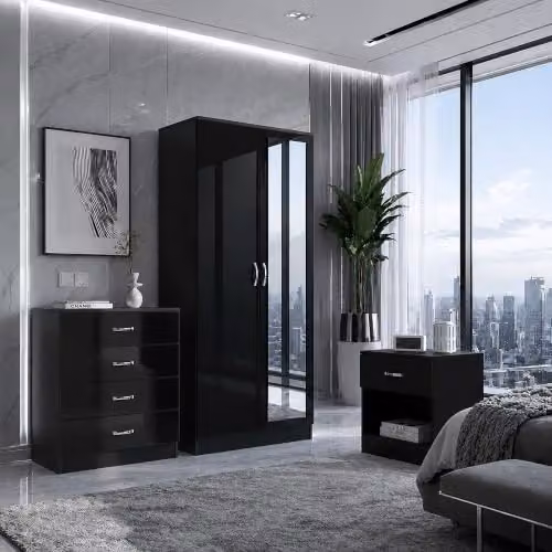 Harmin Black High Gloss 3 Piece Modern Bedroom Furniture Set