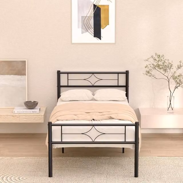VOGREX Metal Iron Bed Frame and Mattress Foundation with Underbed Storage in Black, 90 x 190 cm – 1