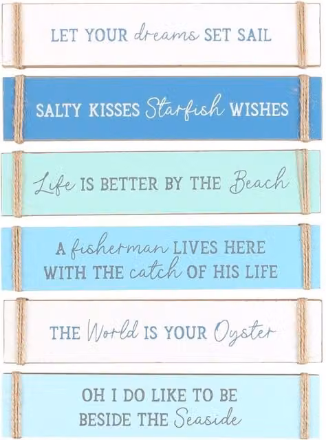 Something Different Nautical Maritime Wood Typography Plaques, Pack of 6, Blue and White