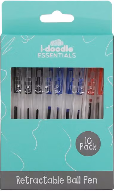 idoodle Essentials Pack of 10 Multicolour Retractable Ballpoint Pens in Blue, Black and Red