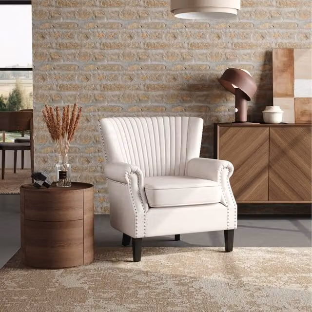 Livingandhome Beige Fabric Deep Cushioned Armchair with Nailhead Trim and Solid Wood Frame