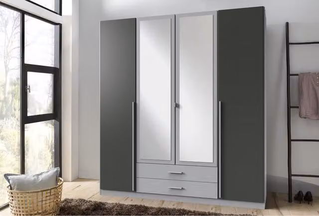 TJS Modern Grey 4 Door Wardrobe with Mirror and Internal Drawers