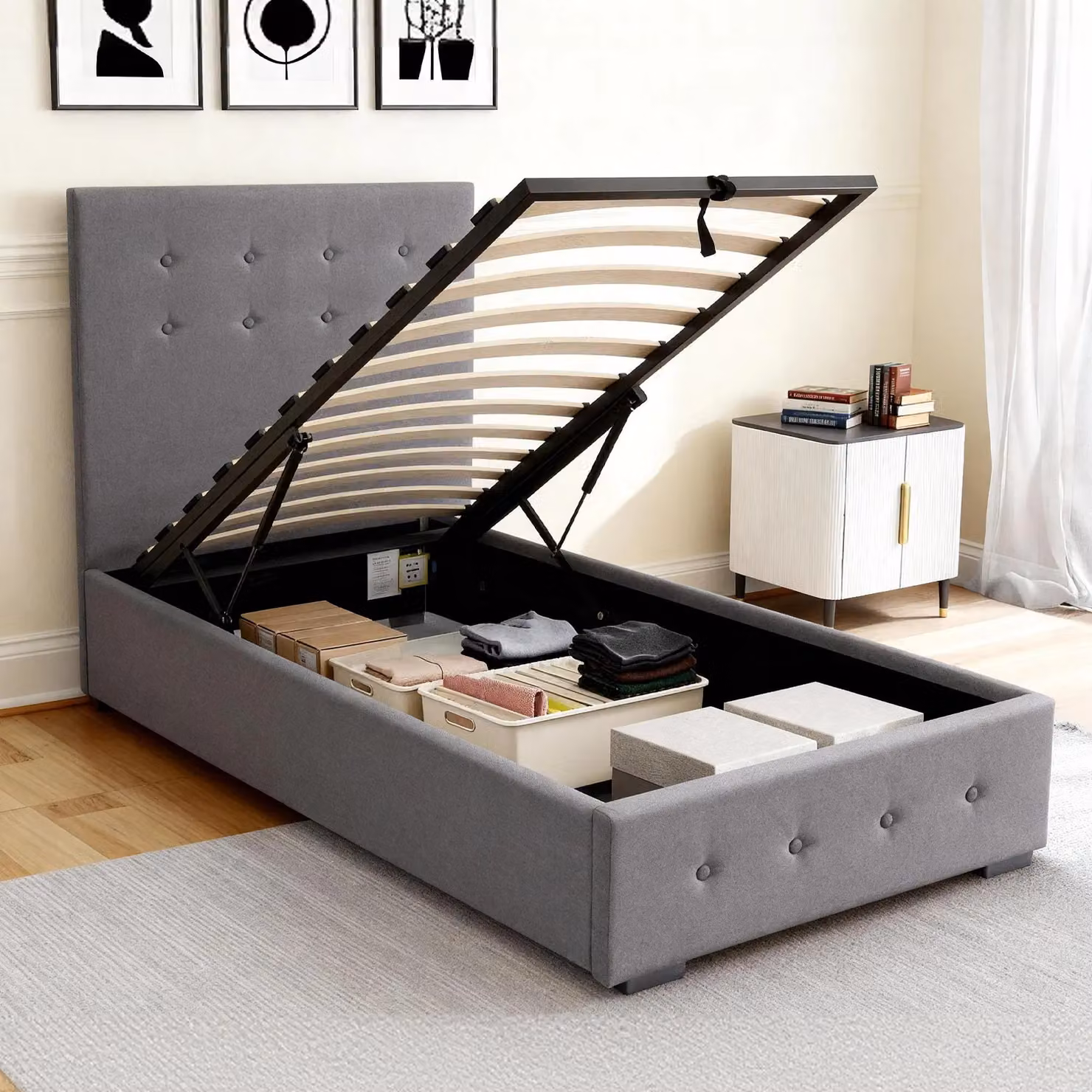 Comfy Living Ltd Grey Fabric Upholstered Ottoman Storage Gaslift Bedframe, W: 100 cm, D: 200 cm, H: 103 cm – 3