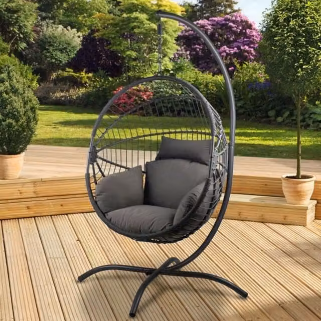 Pagoda Bali Single Hanging Rattan Egg Chair in Grey, H 205 cm x W 134 cm x D 120 cm