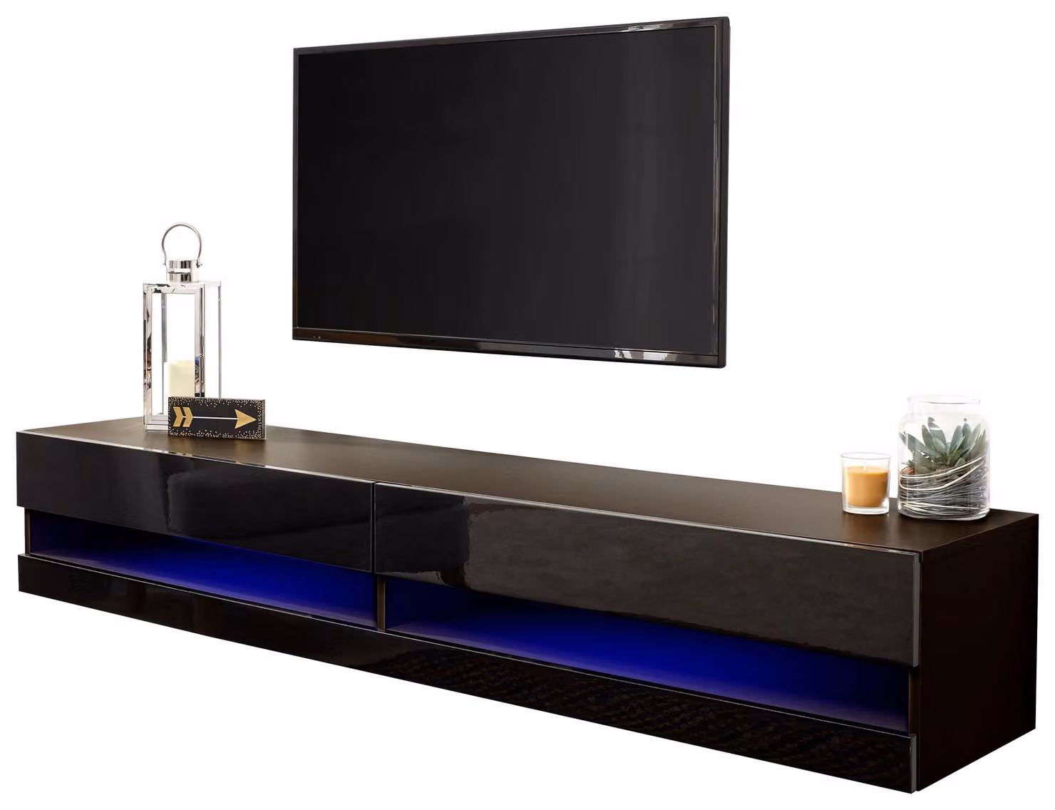 GFW Galicia Wall Mounted TV Unit with LED Lighting in Black, 180cm – 3
