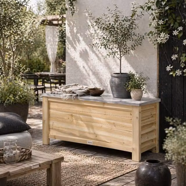 Wyld Haus Keno Fava 155L Outdoor Storage Box in Sand with Panelled Wood and Galvanised Metal