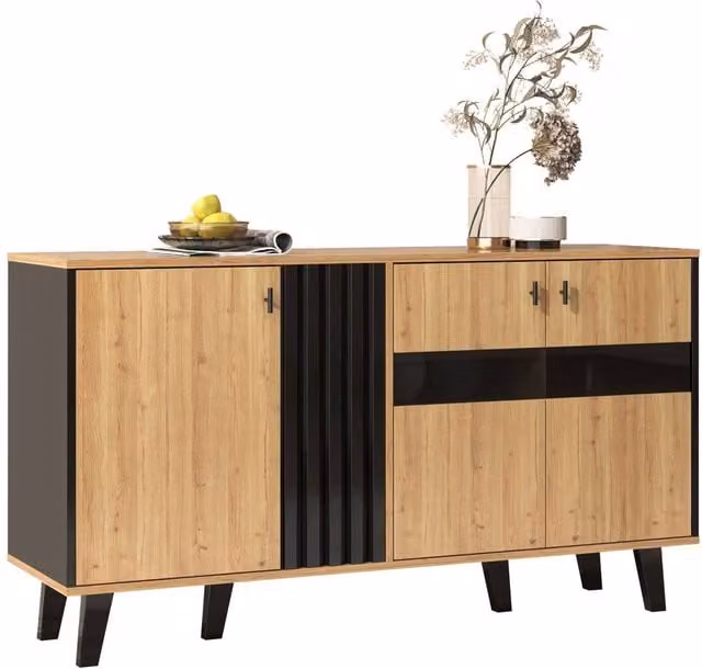 BTM Modern Wood and Black Sideboard with Integrated LED Glass Cabinet, W/D/H: 140 x 41 x 78.5 cm