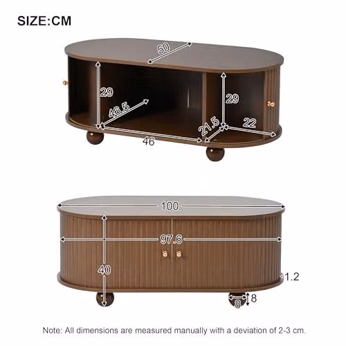 BTM Oval Coffee Table with 2 Sliding Doors and Hidden Compartment, Oak Colour, W/D/H: 100 x 50 x 40 cm – 2