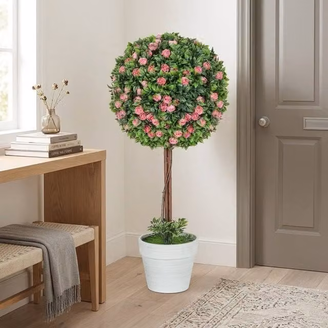 STILVORA Set of 2 Pink Artificial Rose Topiary Plants in Round Pots, Height: 60 cm – 1