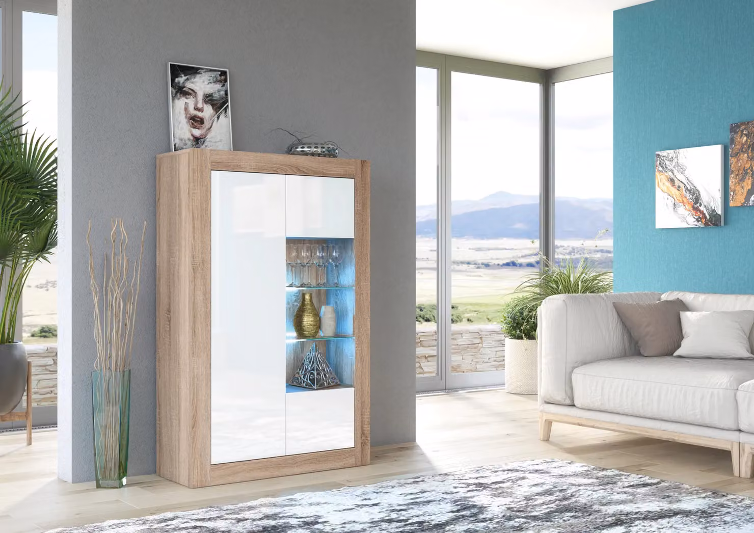 Mex Furniture LTD Minimalist Display Cabinet in Oak with Black Glass Doors, W/D/H: 140 x 35 x 93 cm – 3
