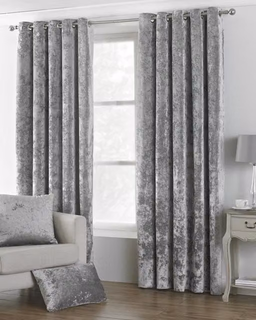 Paoletti Verona Silver Crushed Velvet Eyelet Curtains, Width: 168 cm, Drop: 183 cm – 1