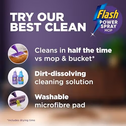 Flash Power Spray Mop Starter Kit with Microfibre Washable Pad, Purple – 5