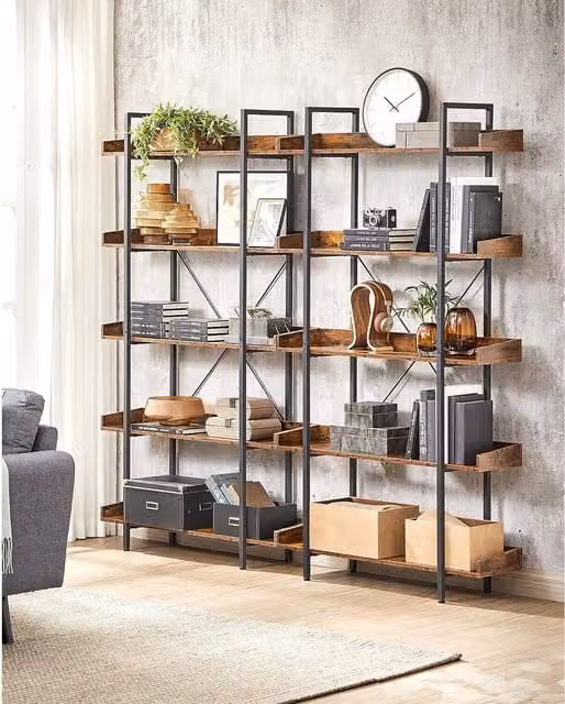 The Bazaarist 5-Tier Industrial Style Freestanding Bookshelf Storage Unit in Rustic Brown and Black, W/D/H: 76 x 28 x 178 cm