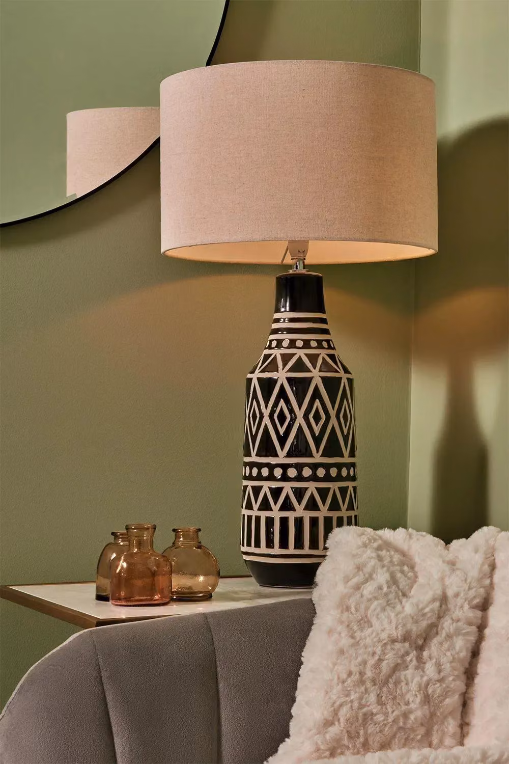 BHS Lighting Odin Tribal Modern Ceramic Table Lamp in Black with Beige Fabric Shade, H 61.5 x W 34.0 cm – 3