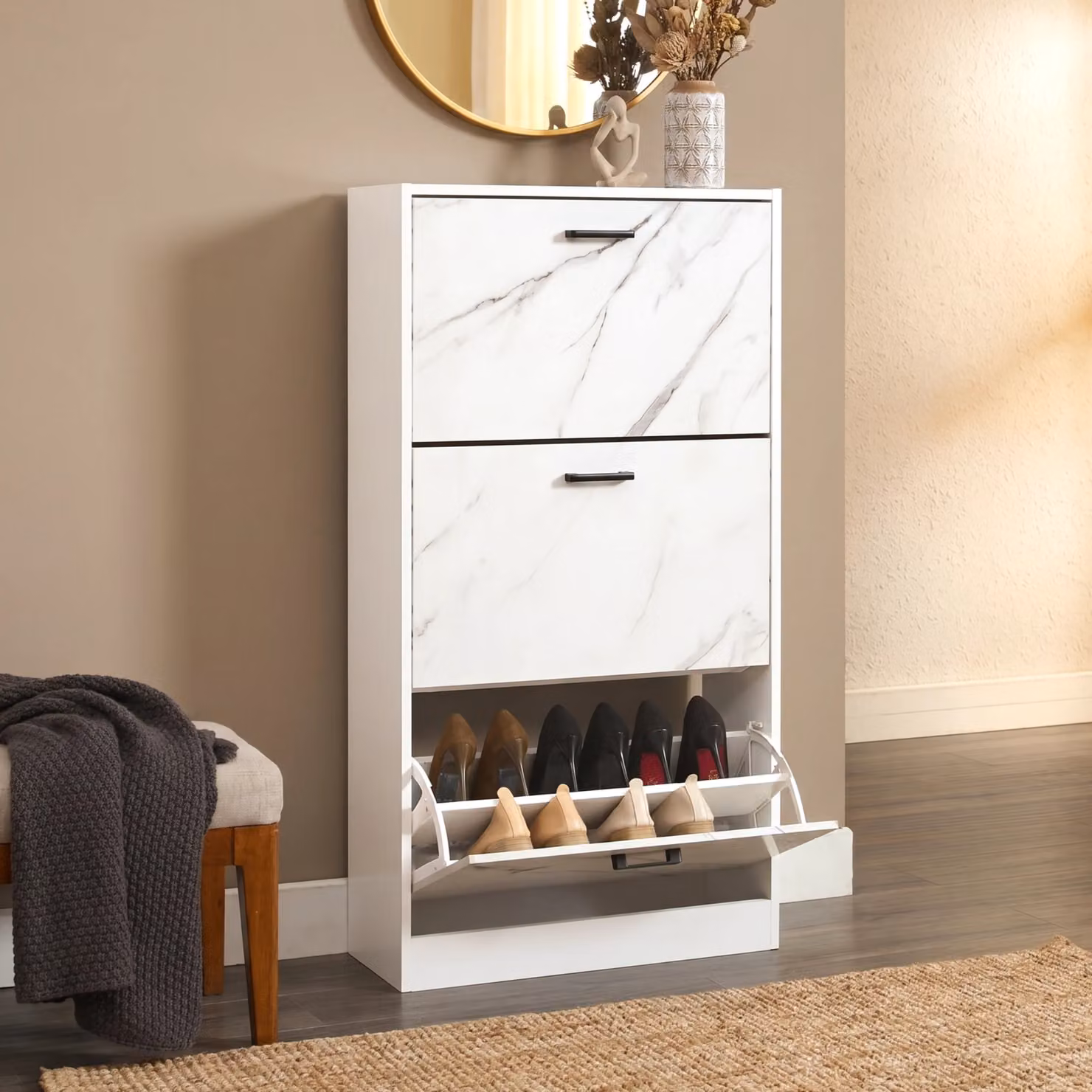 DHS Modern White Slim Shoe Cabinet with 3 Tilting Drawers for Hallway Storage
