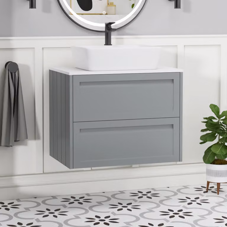 Royal Bathrooms Elmore Wall Hung Vanity Unit with Cube Basin, Matt Pebble Grey, 2 Drawers and Plain White Worktop, Width: 70 cm