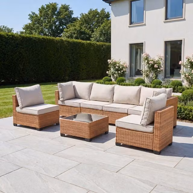 Saviano 6 Seat Modular Rattan Conversation Set in Beige with Metal and Glass Details