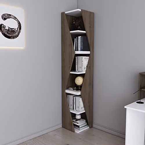 DECOROTIKA Arrow 6-tier Corner Bookcase and Shelving Unit in Walnut and Black – 2