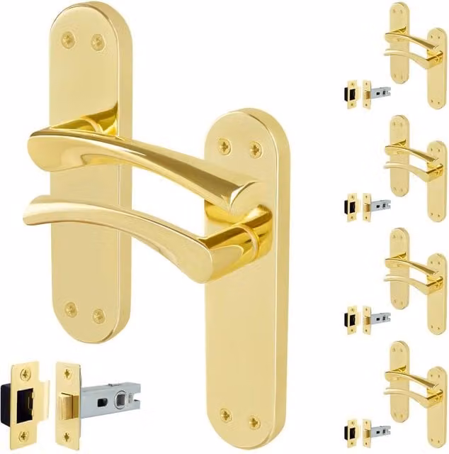 AFIT Polished Brass Twist Door Handle and Latch Set with Long Backplate in Gold, 5 Pairs – 1