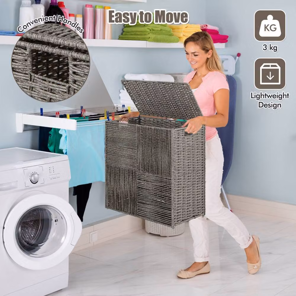 Costway 110L Hand-woven Rattan Laundry Basket with Lid and Removable Bag in Grey – 3