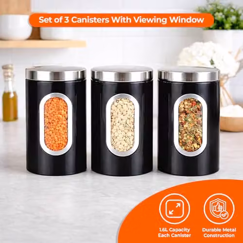 Innoteck 3 Piece Airtight and Leakproof Stainless Steel Kitchen Canister Set in Black – 2