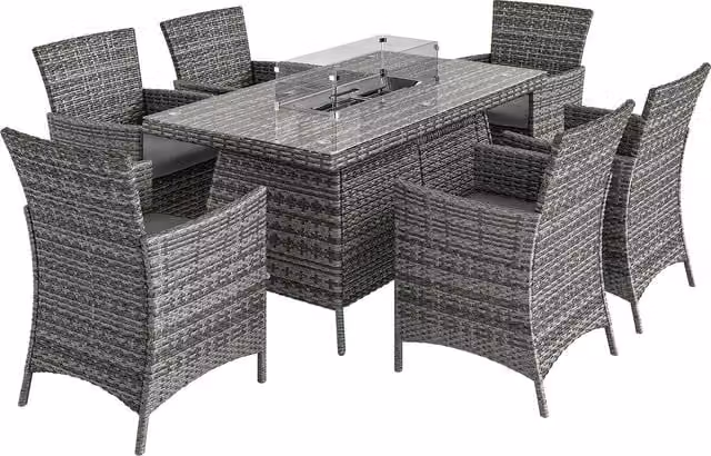 Outsunny 7 Piece Grey PE Rattan Garden Dining Set with 50,000 BTU Fire Pit Table and Armchairs with Cushions – 1