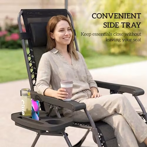 Outsunny Set of 2 Black Zero Gravity Garden Chairs with Adjustable Headrest, Side Tray and Cup Holders – 6