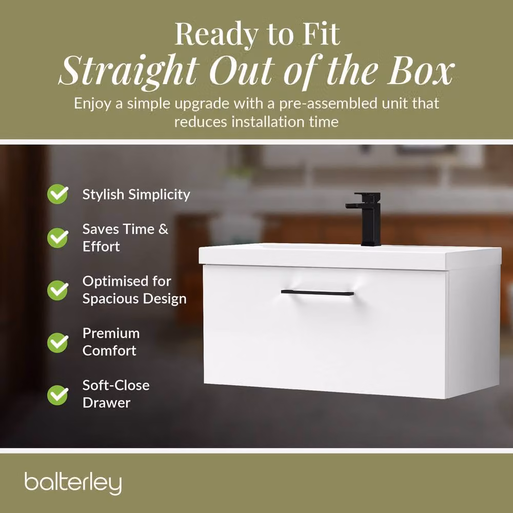 Balterley Gloss White Wall Hung 1 Drawer Vanity Basin Unit with Black Handle, Width: 80 cm – 4