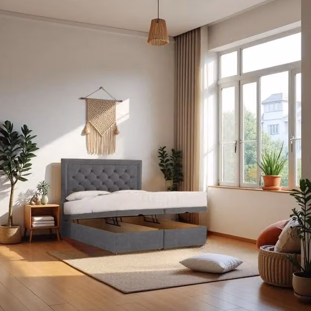 Knight Sleep Athens Grey Plush Fabric Ottoman Bed with Mattress and 24 inch Headboard, Double, W/D/H: 140 x 200 cm