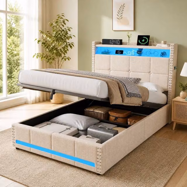 STILVORA Single Ottoman Bed in Beige with RGB LED Under-Bed Lighting and USB Charging Port, W/D/H: 90 x 190 x 91.44 cm