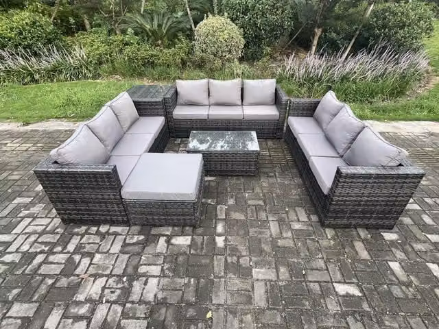 Fimous 10 Seater Outdoor Lounge Garden Furniture Set in Dark Grey Mixed Rattan with Upholstered Cushions, Coffee Table and Ottoman