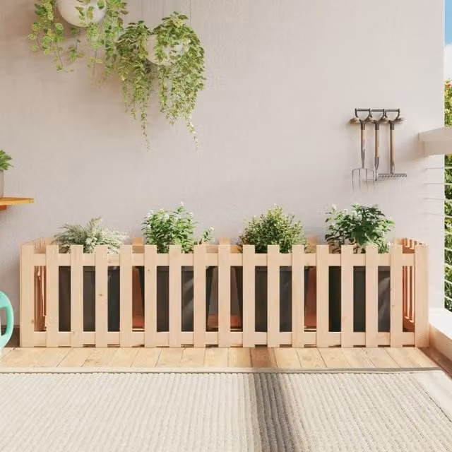 Berkfield Home Garden Raised Bed with Fence Design in Brown Solid Wood, W/D/H: 200 x 50 x 50 cm