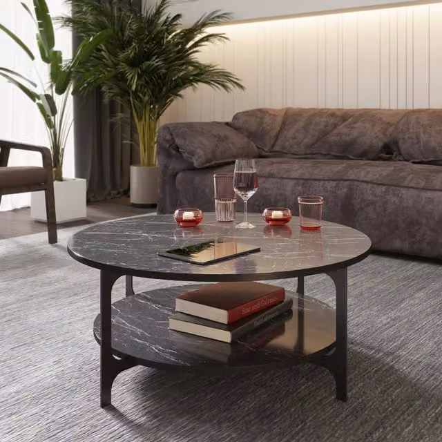 Decorotika Versy Round Coffee Table in Black and Yellow with Marble Effect