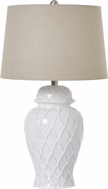 KDMK White Ceramic Ginger Jar Table Lamp with Beige Linen Shade